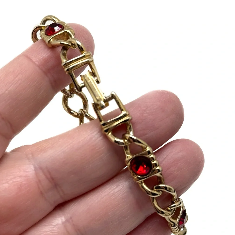 Vintage Goldtone Link Bracelet with Red Rhinestones